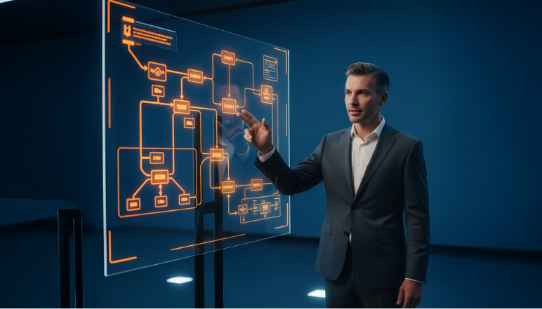 Man in a suit interacting with a glowing flowchart on a large transparent screen, representing IT consulting, system architecture, and business technology solutions.
